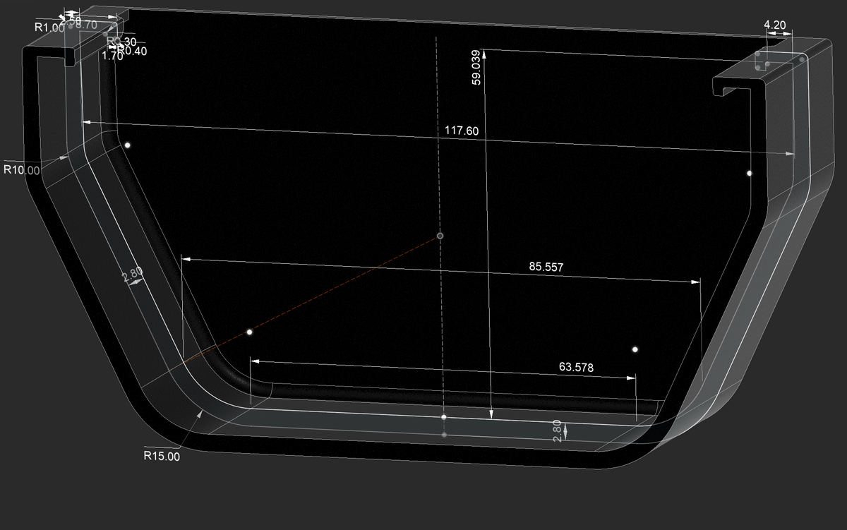 Vegglokk for Icopal takrenne – målsatt 3D-modell, 117,6 x 59,0 mm med 2,8 mm godstykkelse