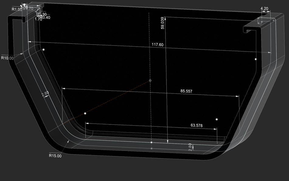 Vegglokk for Icopal takrenne – målsatt 3D-modell, 117,6 x 59,0 mm med 2,8 mm godstykkelse